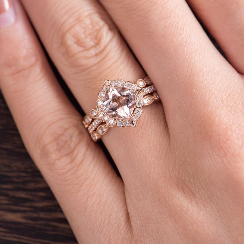 Rose Gold Engagement Ring Wedding Band Women Morganite Ring - Etsy UK