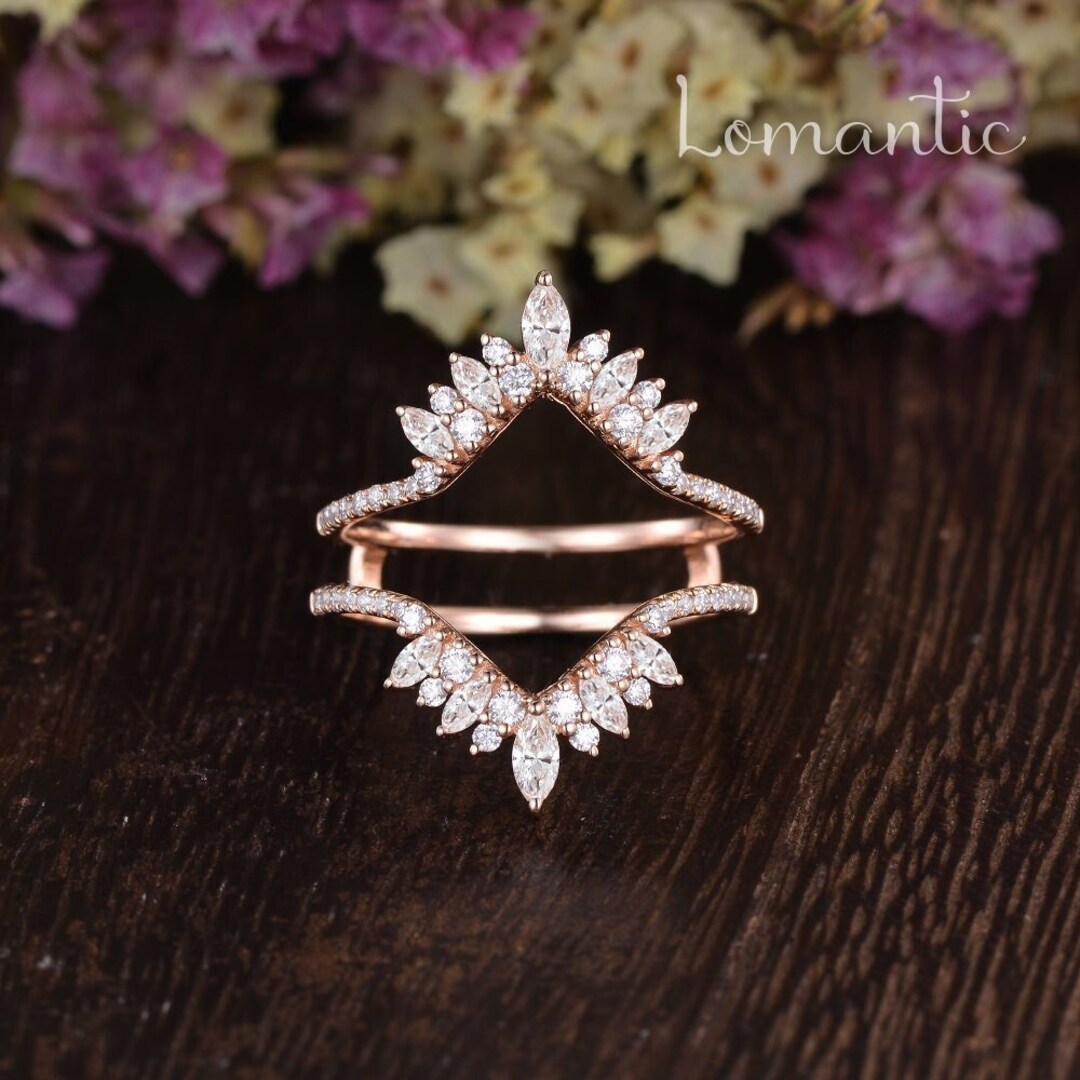 Marquise Moissanite Diamond Wedding Band Women Rose Gold Crown Ring ...