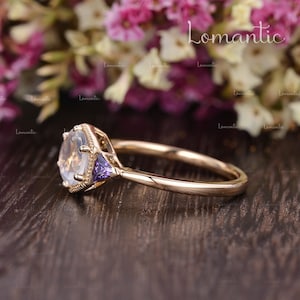 Hexagon Halo Moonstone Engagement Ring Milgrain Solitaire Ring Beaded Geometric Ring Moonstone Engagement Triangle Amethyst Ring Anniversary image 4