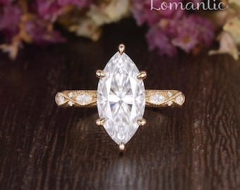 Art Deco Engraved Marquise Cut Moissanite Engagement Ring Antique Milgrain Yellow Gold Wedding Ring Full Eternity Handmade Promise Ring Gift