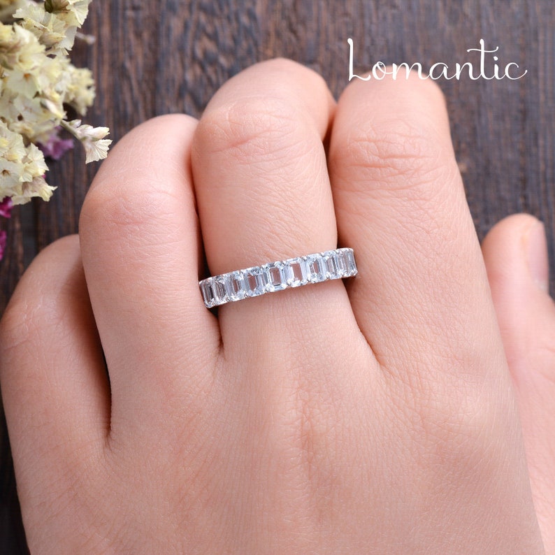 Aquamarine Wedding Band Full Eternity White God Promise Ring Emerald Cut Aquamarine Ring Stacking Wedding Band For Women March Birthstone image 6