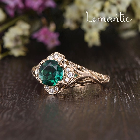 Vintage Emerald Filigree Engagement Ring, Antique Anniversary Emerald Ring  2 Carat Gemstone Engagement Ring White Gold Art Deco Promise Ring | Benati