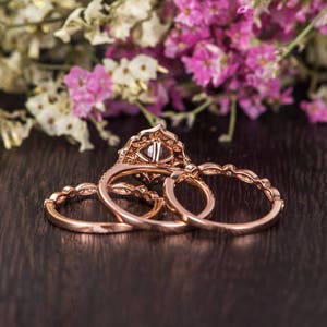 Rose Gold Engagement Ring Wedding Band Women Morganite Ring Bridal Set Antique Cushion Cut Morganite Diamond Art Deco Flower Set 3 pieces image 5