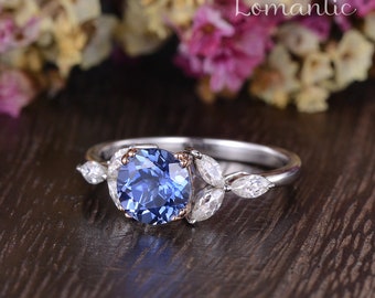 Cornflower Blue Lab Sapphire Engagment Ring Mixed Metal Rose Gold White Gold Ring Leafy Flower Solitaire Engagement Ring Cluster Women Gift