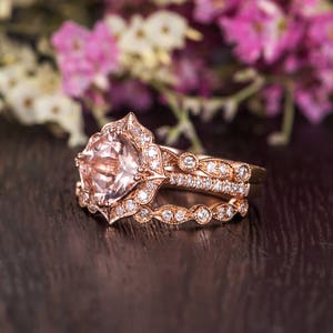 Rose Gold Engagement Ring Wedding Band Women Morganite Ring Bridal Set Antique Cushion Cut Morganite Diamond Art Deco Flower Set 3 pieces image 4