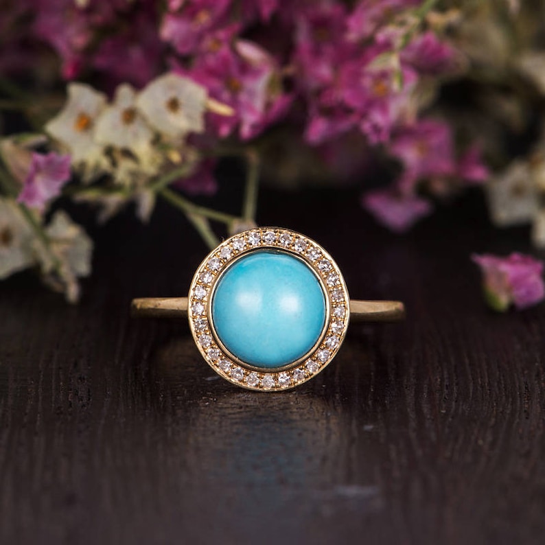 Antique Turquoise Engagement Ring Yellow Gold Unique Halo Etsy