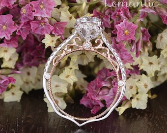 Filigree Cushion Cut Moissanite Engagement Ring 1ct Moissanite Wedding Ring Art Deco Antique Milgrain Diamond Mixed Metal Ring Hidden Halo
