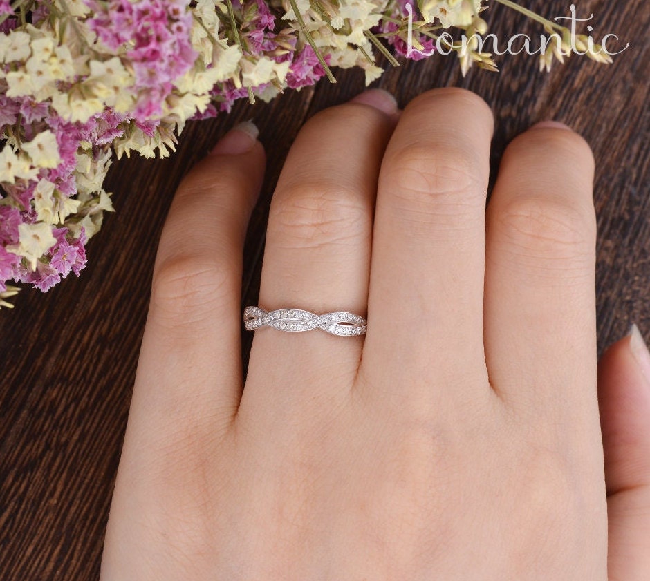Infinity Wedding Band Women White Gold Unique Curved Ring Diamond Eternity Wave Minimalist Band Unique Anniversary Gift for Her Anniversary