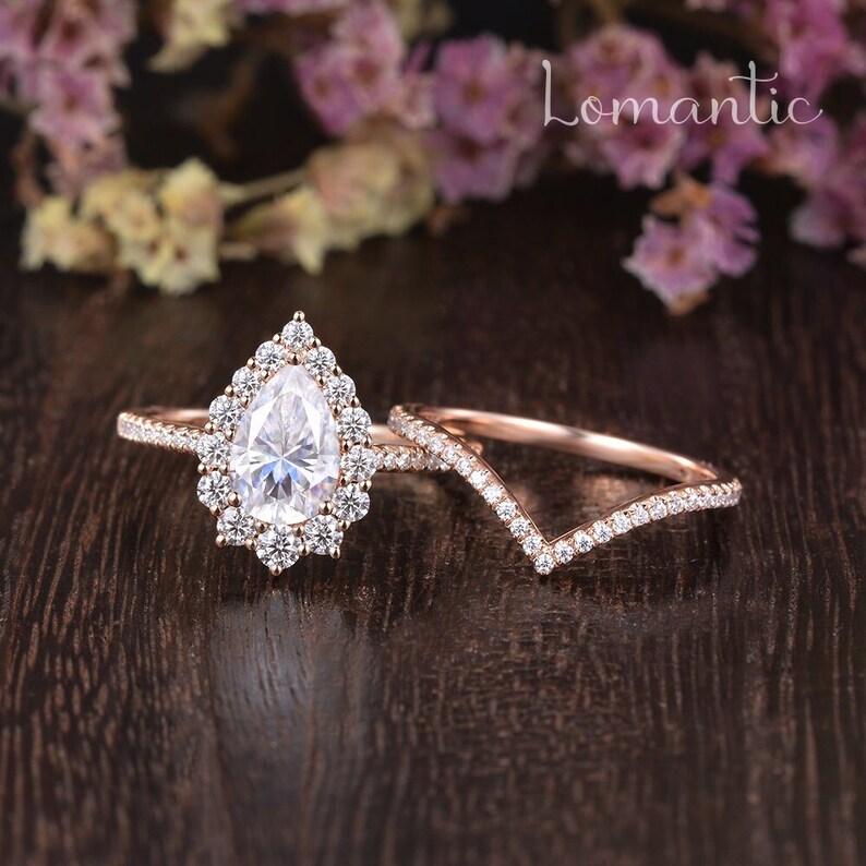 1.5ct Pear Shaped Moissanite Engagement Ring Set Vintage Unique Chevron Band Stacking Halo Wedding Ring Rose Gold Bridal 2pcs Cluster Ring image 1