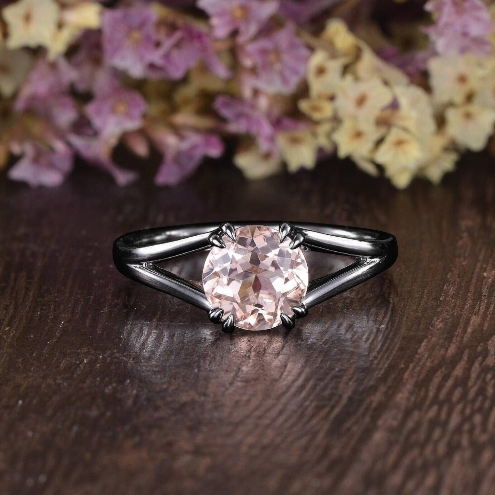Black Gold Soliaire Morganite Engagement Ring Split Band Ring - Main Image