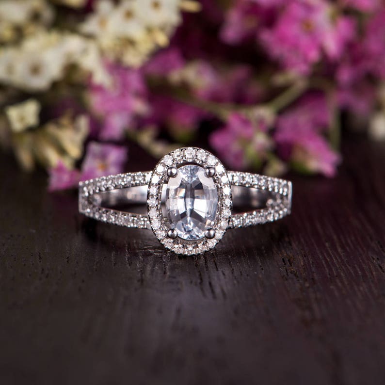 Engagement Ring Unique White Gold Ring Oval Cut White Sapphire Split Shank Eternity Antique Retro Halo Anniversary Women Promise Birthstone image 1