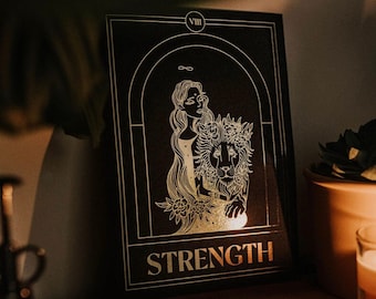 STRENGTH Tarot Print A4 / Black and Gold Foil Print / Celestial / Goth / Living Room Print / Bedroom Print