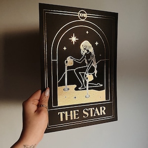 DE STER Tarot Print A4 / Zwart en Goud Folie Print / Hemels / Goth / Woonkamer Print / Slaapkamer Print