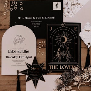 Tarot The Lovers Wedding Invites with Gold Foil, Celestial Wedding Invites, Black and gold, Ivory and gold Tassels, Unique design
