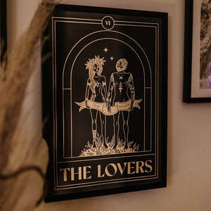 Impression de tarot THE LOVERS A4 / Impression feuille noir et or / Céleste / Gothique / Impression salon / Impression chambre à coucher