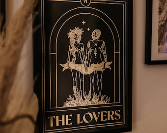 THE LOVERS Tarot Print A4 / Black and Gold Foil Print / Celestial / Goth / Living Room Print / Bedroom Print