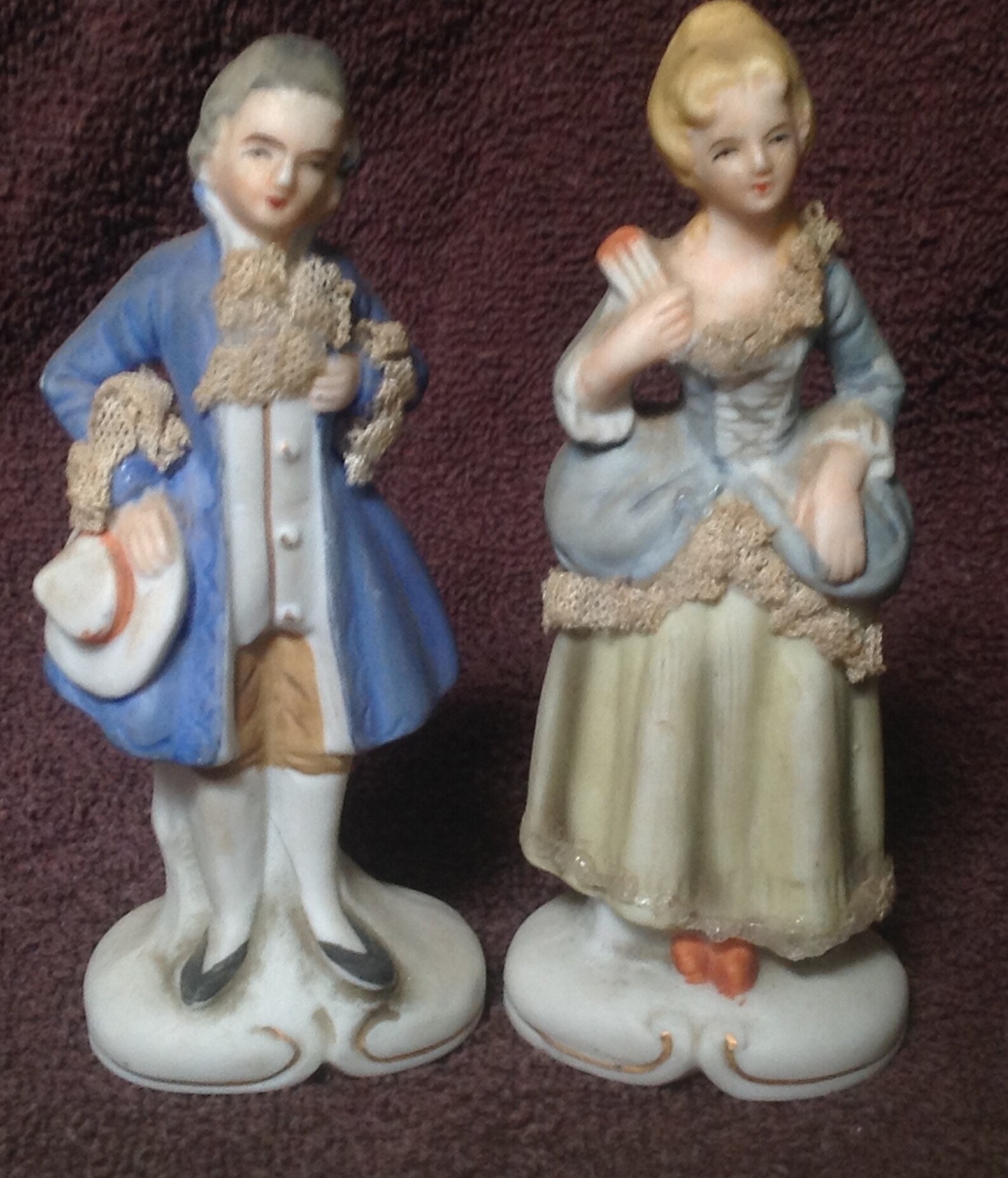 Lovely Vintage / Antique Pair of Ceramic Bisque With Lace Figurines