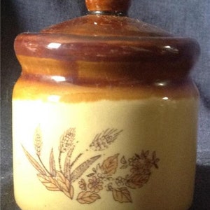 May include: A brown and beige ceramic jar with a lid. The jar features a floral design with wheat stalks and leaves.