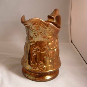 Copper lustre vintage Jug moulded dancing couple design Victorian pottery A/F