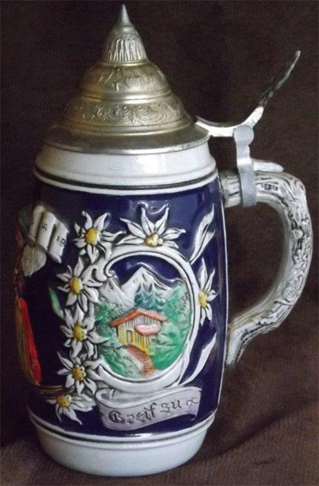 Stoneware Lidded Stein German DBGM Hand Painted Traditional Scenes