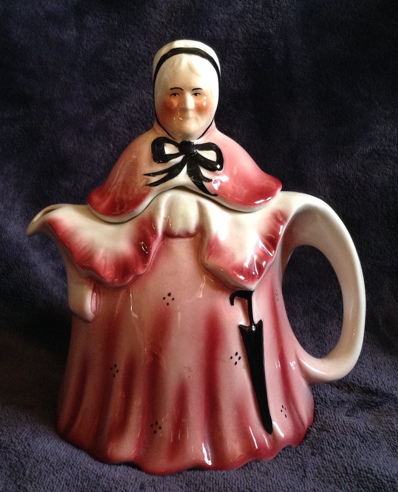 Novelty Collectors Teapot Little Old Lady in Pink Dress Tony Wood Staffordshire England Pottery