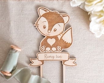 Cake topper Fox to personalize, for birthday cake or baby baptism child, cake decoration