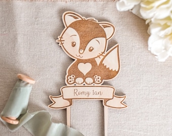 Cake topper Renard à personnaliser, pour gâteau d'anniversaire ou baptême bébé enfant, décoration de gâteau