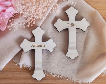 Marque-place en bois en forme de Croix chrétienne, pour baptême, anniversaire, communion, mariage, décoration de table originale