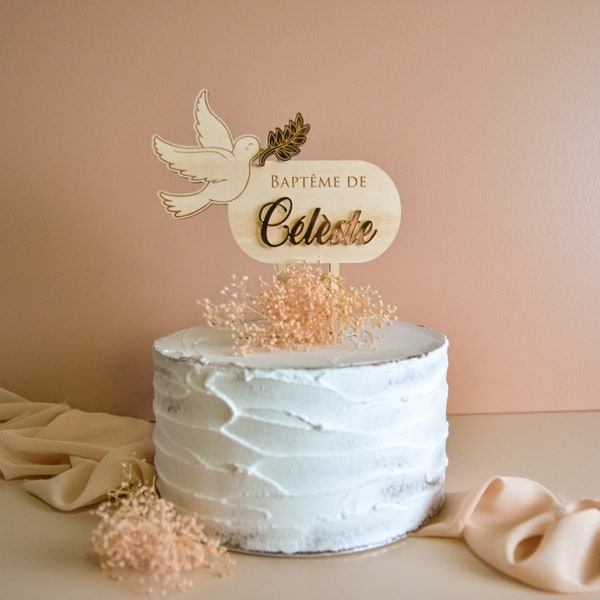 Cake topper Colombe à personnaliser, pour gâteau d'anniversaire ou baptême bébé enfant, décoration de gâteau