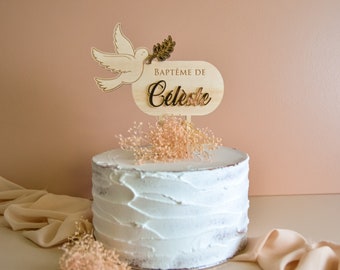 Cake topper Colombe à personnaliser, pour gâteau d'anniversaire ou baptême bébé enfant, décoration de gâteau