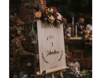 Panneau de bienvenue pour mariage thème végétal, mélange bois et plexiglas à personnaliser, panneau d'accueil, pancarte de bienvenue