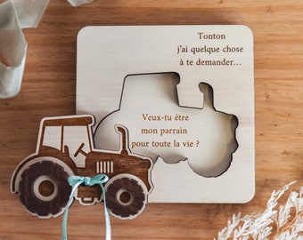 Surprise request for godfather to personalize, original pregnancy announcement puzzle, future birth on the Tractor theme