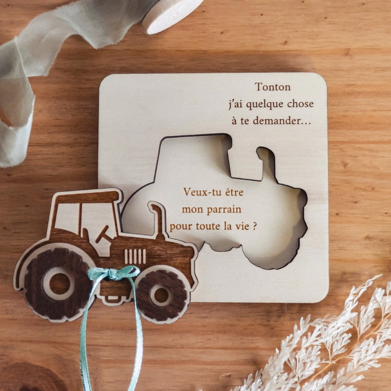 Demande surprise pour parrain marraine à personnaliser, puzzle annonce originale de grossesse, future naissance sur le thème Tracteur image 1