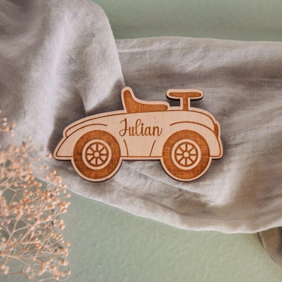 Wooden Place Marker in the Shape of a Vintage Car, for Baptism
