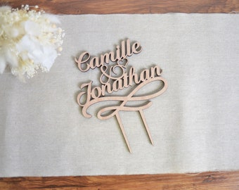 Romantic cake topper for wedding cake to customize with the names of the bride and groom for wedding cake, natural wood or plexiglass