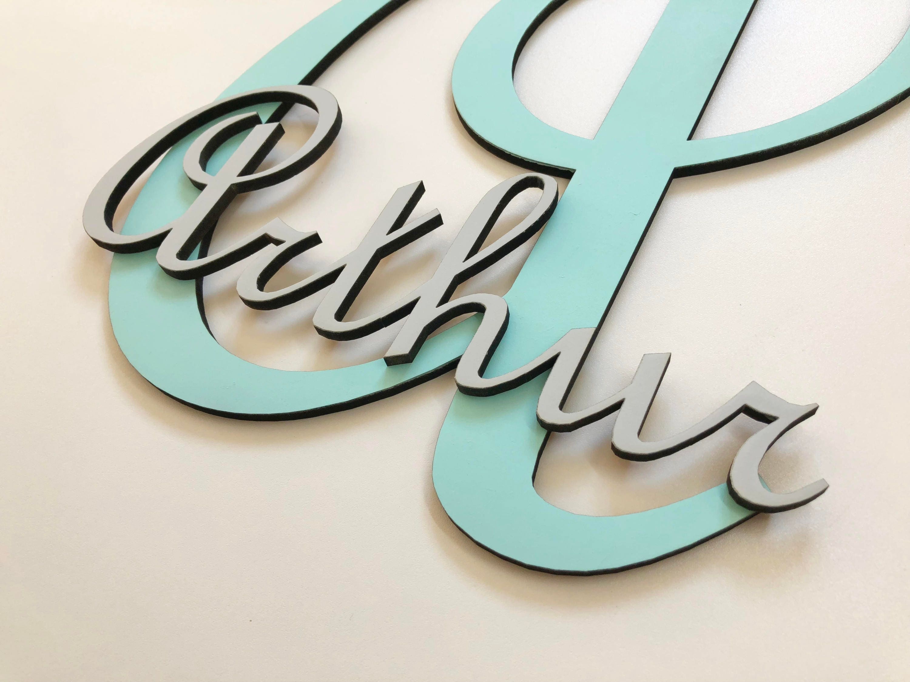 Prénom Personnalisé Collection Initiale - Arthur Vert Menthe et Gris Clair Lettre Bois Prénom Enfant