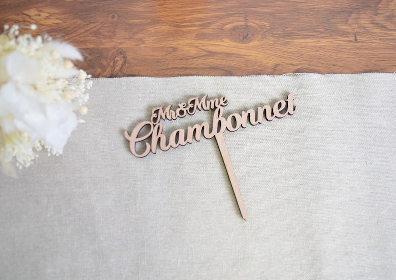 Cake topper MrS with last name for wedding cake to customize for wedding cake, natural wood or Plexiglas image 1
