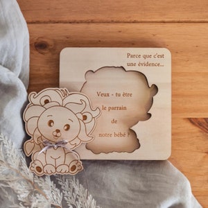 Überraschungsanfrage für den Paten zum Personalisieren, originelles Puzzle zur Schwangerschaftsankündigung, zukünftige Geburt zum Thema Löwe