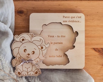 Surprise request for godfather to personalize, original pregnancy announcement puzzle, future birth on the Lion theme