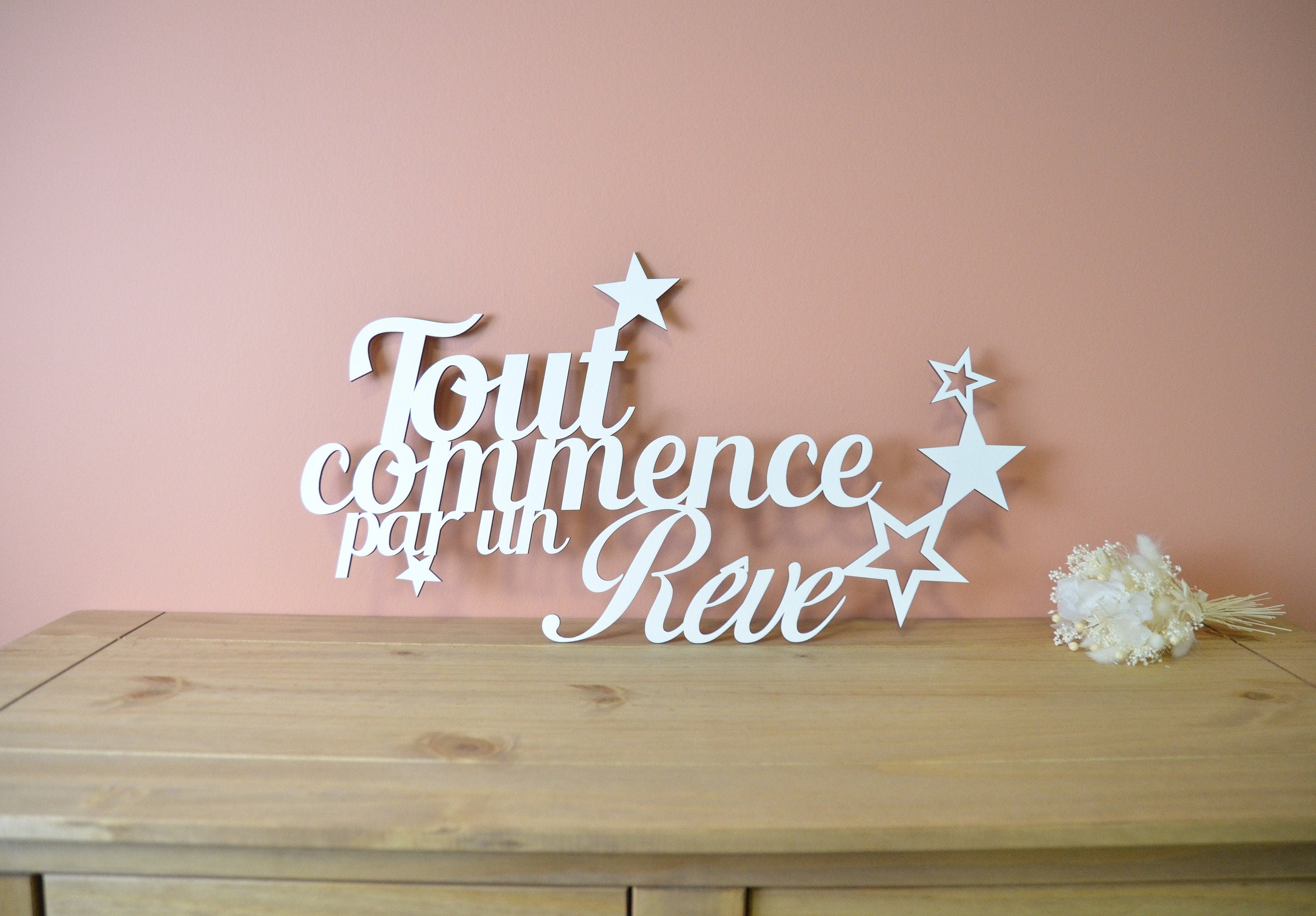 Citation Murale Tout Commence Par Un Rêve - Stickers en Bois Phrase à Accrocher Mot Lettre Bois