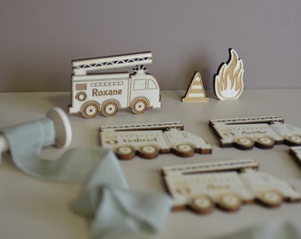 Fire Truck place marker, for baptism, birthday, communion, wedding, original table decoration