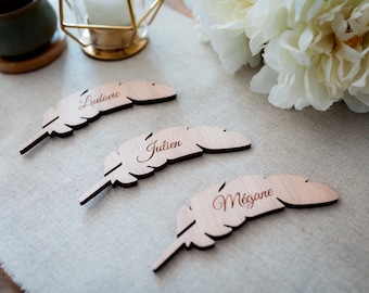 Feather-shaped wooden place marker, wedding place marker, birthday, baptism, table decoration, guest gift