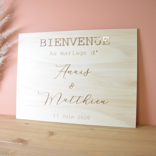 Panneau de bienvenue pour mariage, anniversaire ou baptême à personnaliser, panneau d'accueil, pancarte de bienvenue en bois et plexiglas