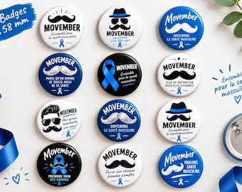 Badge Movember 58 mm | Broche Moustache Homme | Octobre Novembre | Sensibilisation Santé Masculine | Cadeau Homme