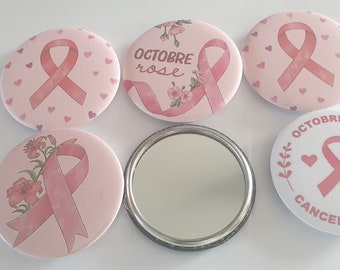 miroir octobre rose, miroir de poche de 58mm, octobre rose