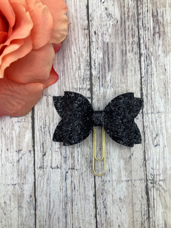 Black Glitter Bow Planner Paper Clip, Planner Bow Clip, Travelers Notebook Clip, Tn Clip, Planner Accessories.