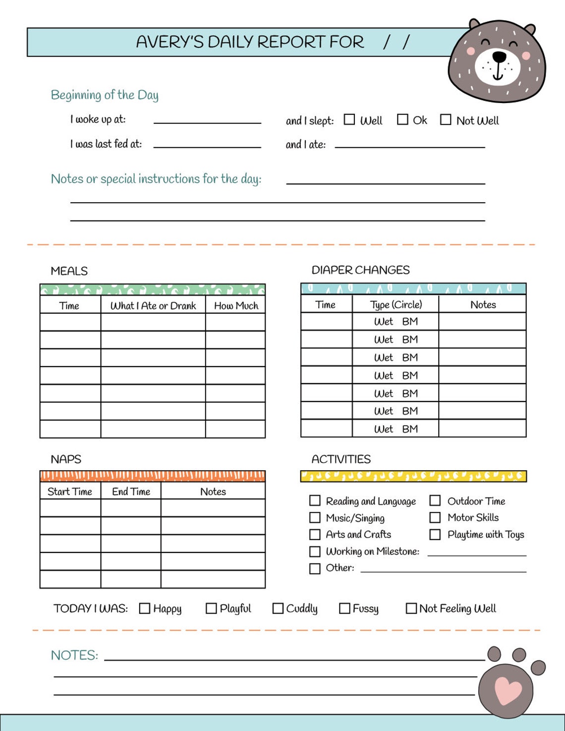 Custom Printable Nanny Log Daily Infant Care Sheet - Etsy