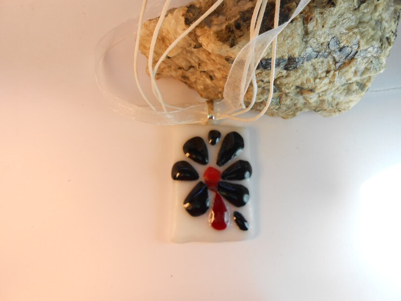 black black rectangle necklace in fusing glass and silver boho style