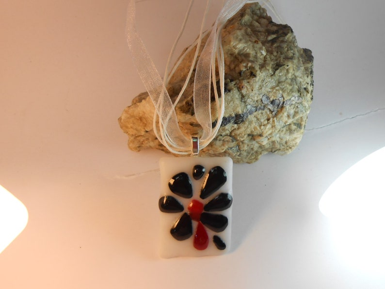 black black rectangle necklace in fusing glass and silver boho style