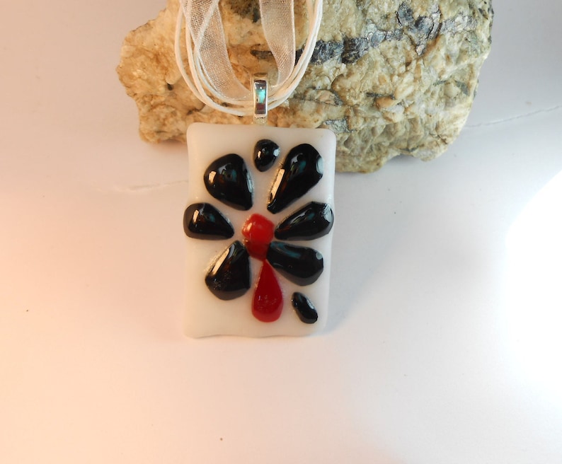 black black rectangle necklace in fusing glass and silver boho style